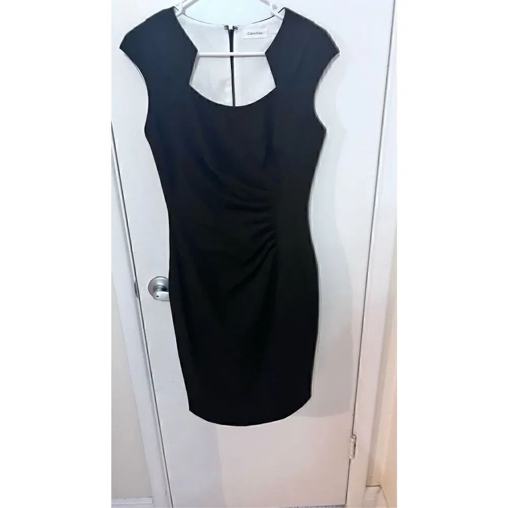 CALVIN KLEIN LITTLE BLACK DRESS RUCHED SQUARE NECK SIDE ZIP A LINE SZ 4